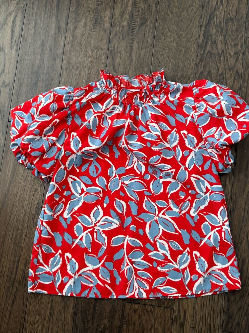THML Red Floral Smocked Neck Puff Sleeve Top
